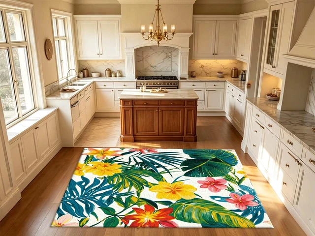 Alt view image 6 of 7 - Rectangular Tropical Floral Area Rug, Botanical Leaf Flower Pattern Low Pile Indoor Carpet for Living Room Bedroom Kitchen Washable,Multiple Sizes 6x10,6x8,5x7,4x6,3x5