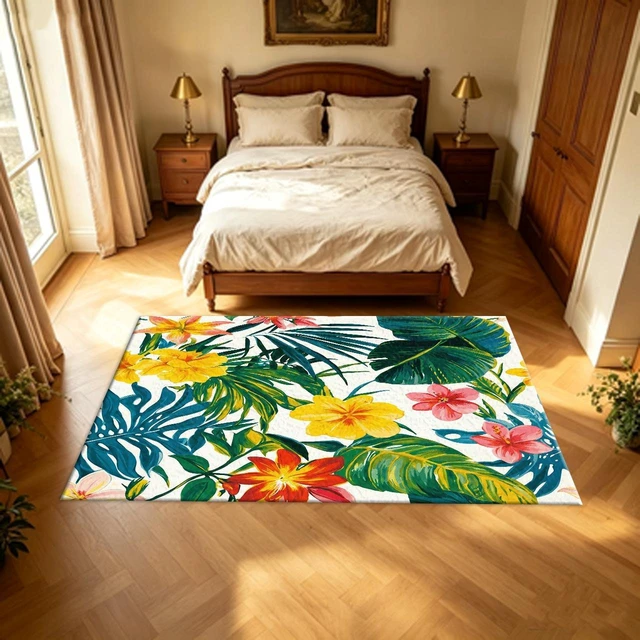 Main image of Rectangular Tropical Floral Area Rug, Botanical Leaf Flower Pattern Low Pile Indoor Carpet for Living Room Bedroom Kitchen Washable,Multiple Sizes 6x10,6x8,5x7,4x6,3x5