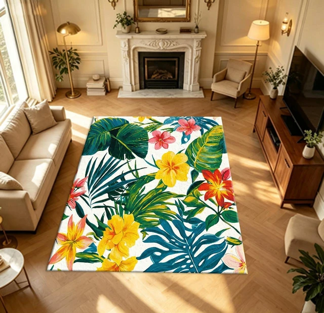 Main image of Rectangular Tropical Floral Area Rug, Botanical Leaf Flower Pattern Low Pile Indoor Carpet for Living Room Bedroom Kitchen Washable,Multiple Sizes 6x10,6x8,5x7,4x6,3x5