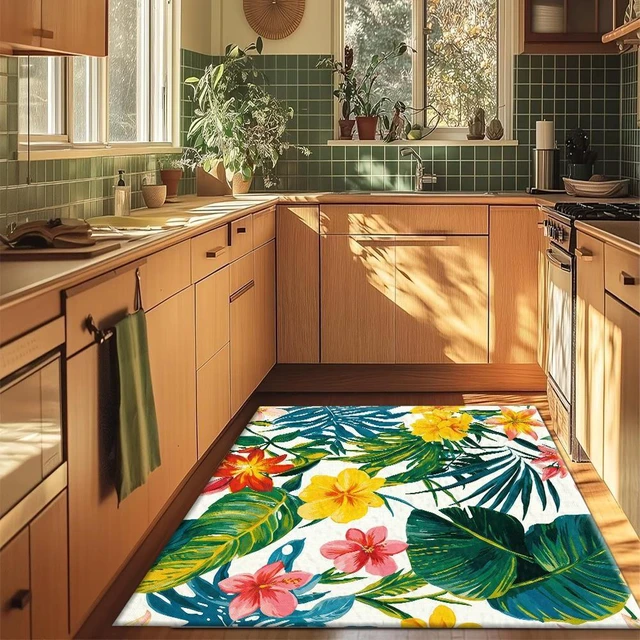 Alt view image 6 of 7 - Rectangular Tropical Floral Area Rug, Botanical Leaf Flower Pattern Low Pile Indoor Carpet for Living Room Bedroom Kitchen Washable,Multiple Sizes 6x10,6x8,5x7,4x6,3x5