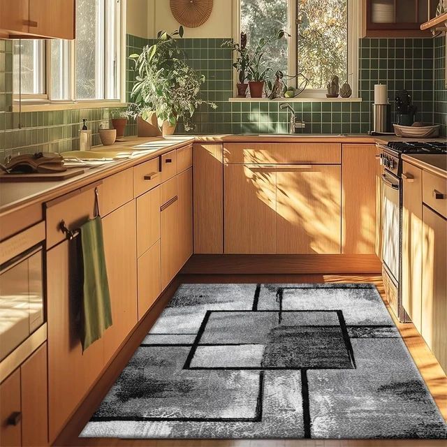 Alt view image 5 of 7 - Rectangular Modern Geometric Square Area Rug, Black Gray Abstract Block Low Pile Indoor Carpet for Living Room Bedroom Kitchen Washable,Multiple Sizes 6x10,6x8,5x7,4x6,3x5