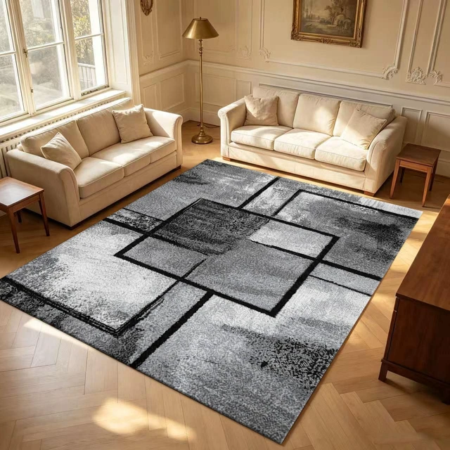 Alt view image 2 of 7 - Rectangular Modern Geometric Square Area Rug, Black Gray Abstract Block Low Pile Indoor Carpet for Living Room Bedroom Kitchen Washable,Multiple Sizes 6x10,6x8,5x7,4x6,3x5