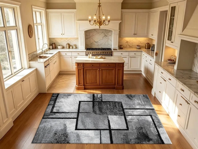 Main image of Rectangular Modern Geometric Square Area Rug, Black Gray Abstract Block Low Pile Indoor Carpet for Living Room Bedroom Kitchen Washable,Multiple Sizes 6x10,6x8,5x7,4x6,3x5