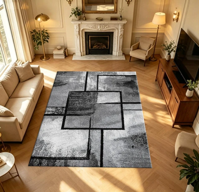 Alt view image 2 of 7 - Rectangular Modern Geometric Square Area Rug, Black Gray Abstract Block Low Pile Indoor Carpet for Living Room Bedroom Kitchen Washable,Multiple Sizes 6x10,6x8,5x7,4x6,3x5