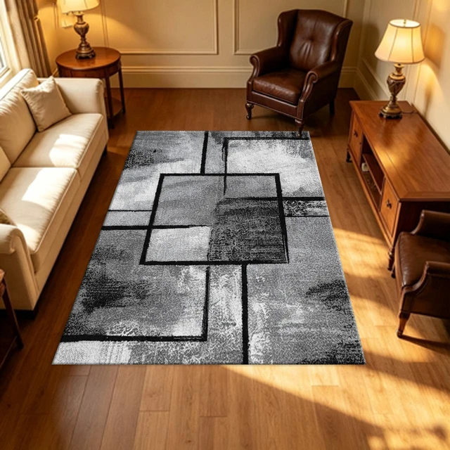 Alt view image 5 of 7 - Rectangular Modern Geometric Square Area Rug, Black Gray Abstract Block Low Pile Indoor Carpet for Living Room Bedroom Kitchen Washable,Multiple Sizes 6x10,6x8,5x7,4x6,3x5