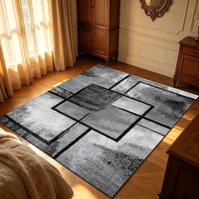 Main image of Rectangular Modern Geometric Square Area Rug, Black Gray Abstract Block Low Pile Indoor Carpet for Living Room Bedroom Kitchen Washable,Multiple Sizes 6x10,6x8,5x7,4x6,3x5