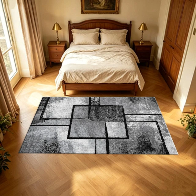 Alt view image 7 of 7 - Rectangular Modern Geometric Square Area Rug, Black Gray Abstract Block Low Pile Indoor Carpet for Living Room Bedroom Kitchen Washable,Multiple Sizes 6x10,6x8,5x7,4x6,3x5