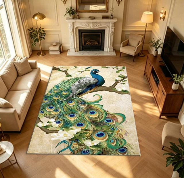 Alt view image 2 of 7 - Peacock Art Print Washable Rectangle Area Rug, Decorative Indoor Floor Carpet for Living Room Bedroom Dining Room, Multiple Sizes 6x10,6x8,5x7,4x6,3x5