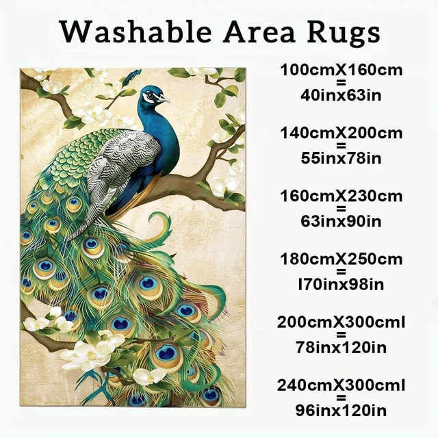 Alt view image 4 of 7 - Peacock Art Print Washable Rectangle Area Rug, Decorative Indoor Floor Carpet for Living Room Bedroom Dining Room, Multiple Sizes 6x10,6x8,5x7,4x6,3x5