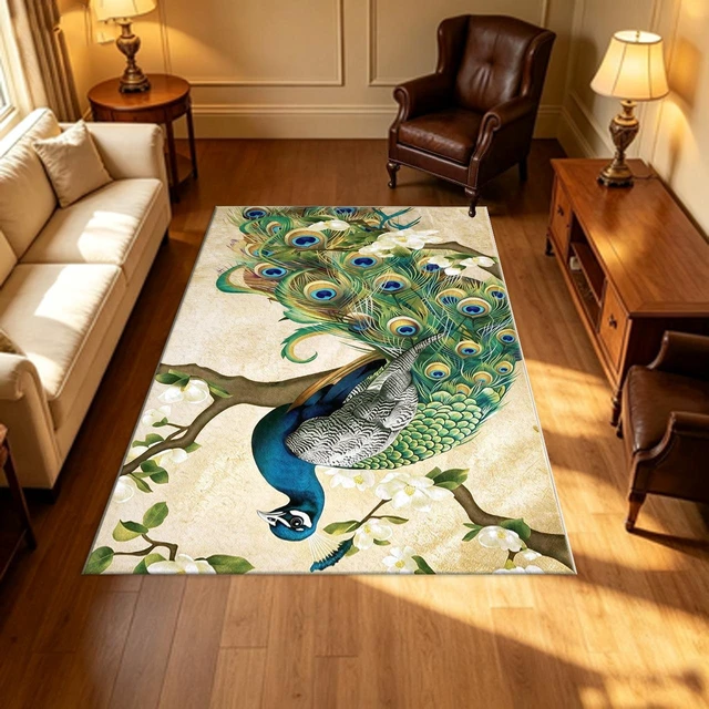Alt view image 5 of 7 - Peacock Art Print Washable Rectangle Area Rug, Decorative Indoor Floor Carpet for Living Room Bedroom Dining Room, Multiple Sizes 6x10,6x8,5x7,4x6,3x5