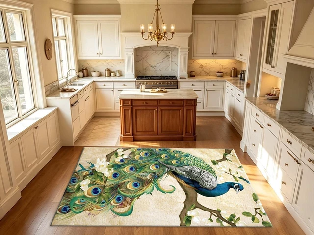 Alt view image 6 of 7 - Peacock Art Print Washable Rectangle Area Rug, Decorative Indoor Floor Carpet for Living Room Bedroom Dining Room, Multiple Sizes 6x10,6x8,5x7,4x6,3x5