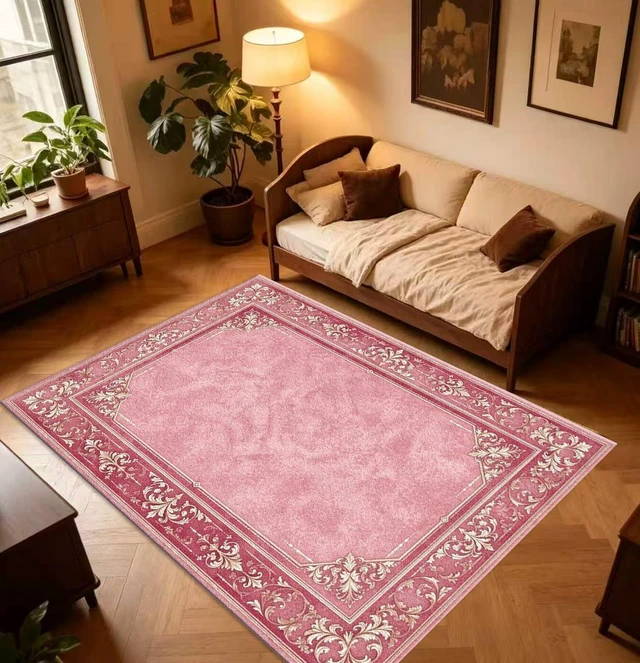 Main image of Pink Vintage Border Print Washable Rectangle Area Rug, Decorative Indoor Floor Carpet for Living Room Bedroom Dining Room, Multiple Sizes 6x10,6x8,5x7,4x6,3x5