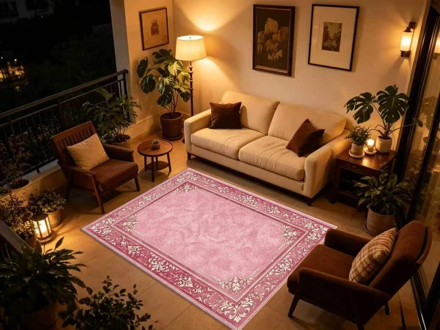 Alt view image 2 of 7 - Pink Vintage Border Print Washable Rectangle Area Rug, Decorative Indoor Floor Carpet for Living Room Bedroom Dining Room, Multiple Sizes 6x10,6x8,5x7,4x6,3x5