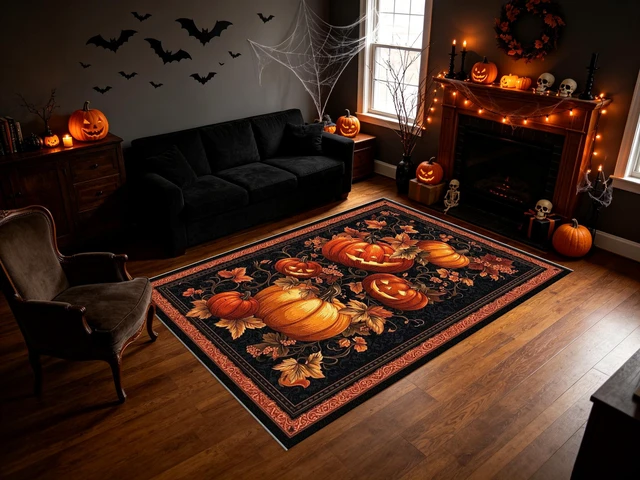 Alt view image 2 of 7 - Halloween Pumpkin Leaf Print Washable Rectangle Area Rug, Decorative Indoor Floor Carpet for Living Room Bedroom Dining Room, Multiple Sizes 6x10,6x8,5x7,4x6,3x5