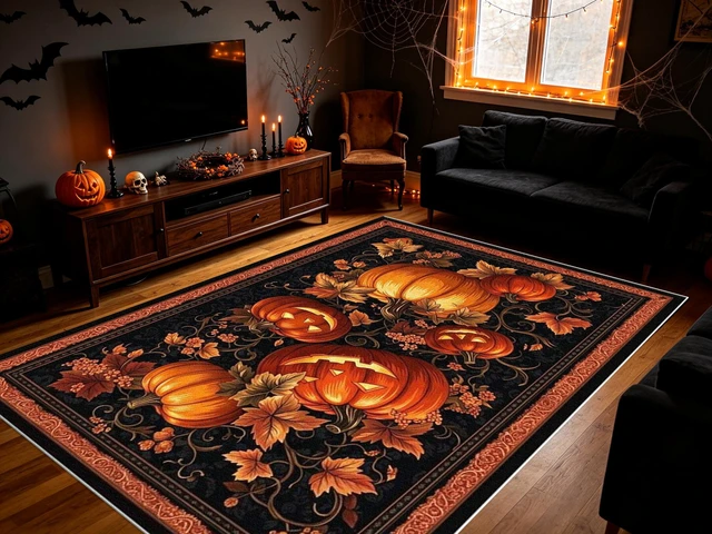 Main image of Halloween Pumpkin Leaf Print Washable Rectangle Area Rug, Decorative Indoor Floor Carpet for Living Room Bedroom Dining Room, Multiple Sizes 6x10,6x8,5x7,4x6,3x5