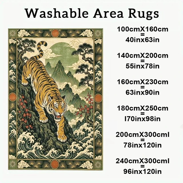 Alt view image 4 of 7 - Vintage Tiger Mountain Scene Print Washable Rectangle Area Rug, Decorative Indoor Floor Carpet for Living Room Bedroom Dining Room, Multiple Sizes 6x10,6x8,5x7,4x6,3x5