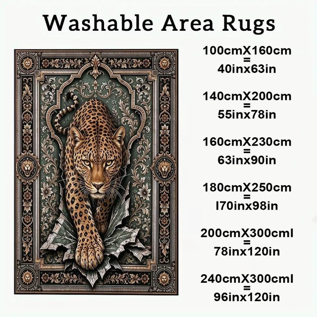 Alt view image 4 of 7 - Vintage Leopard Portrait Print Washable Rectangle Area Rug, Decorative Indoor Floor Carpet for Living Room Bedroom Dining Room, Multiple Sizes 6x10,6x8,5x7,4x6,3x5