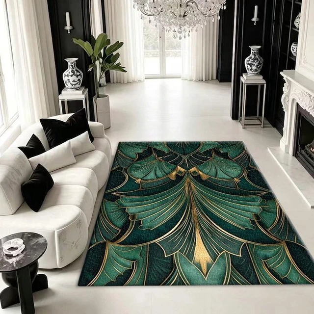 Alt view image 2 of 7 - Art Deco Green Leaf Print Washable Rectangle Area Rug, Decorative Indoor Floor Carpet for Living Room Bedroom Dining Room, Multiple Sizes 6x10,6x8,5x7,4x6,3x5