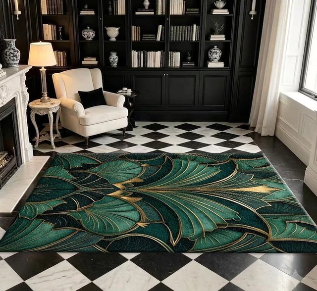 Main image of Art Deco Green Leaf Print Washable Rectangle Area Rug, Decorative Indoor Floor Carpet for Living Room Bedroom Dining Room, Multiple Sizes 6x10,6x8,5x7,4x6,3x5