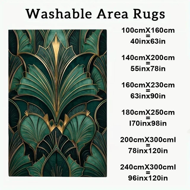 Alt view image 3 of 7 - Art Deco Green Leaf Print Washable Rectangle Area Rug, Decorative Indoor Floor Carpet for Living Room Bedroom Dining Room, Multiple Sizes 6x10,6x8,5x7,4x6,3x5