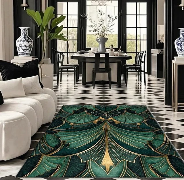 Alt view image 4 of 7 - Art Deco Green Leaf Print Washable Rectangle Area Rug, Decorative Indoor Floor Carpet for Living Room Bedroom Dining Room, Multiple Sizes 6x10,6x8,5x7,4x6,3x5