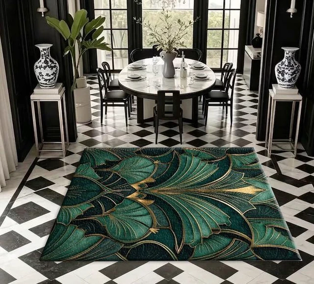 Alt view image 5 of 7 - Art Deco Green Leaf Print Washable Rectangle Area Rug, Decorative Indoor Floor Carpet for Living Room Bedroom Dining Room, Multiple Sizes 6x10,6x8,5x7,4x6,3x5