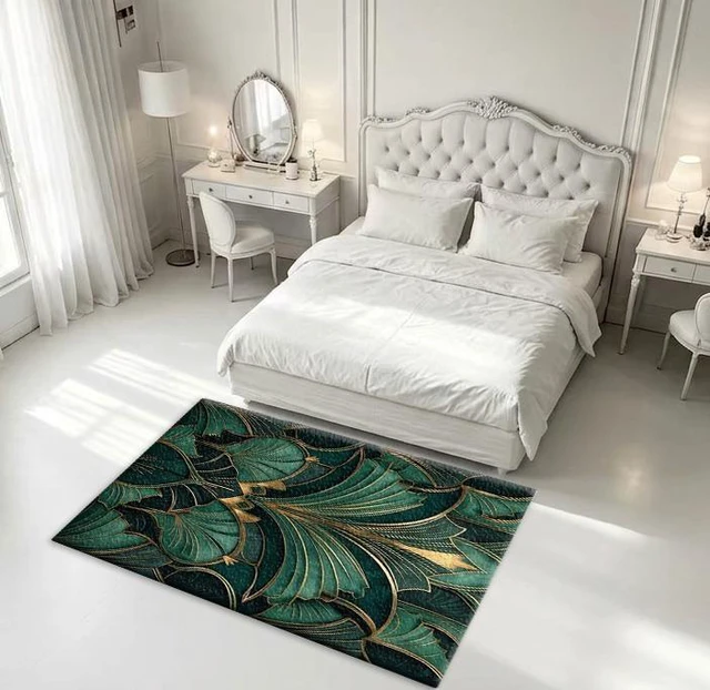 Alt view image 6 of 7 - Art Deco Green Leaf Print Washable Rectangle Area Rug, Decorative Indoor Floor Carpet for Living Room Bedroom Dining Room, Multiple Sizes 6x10,6x8,5x7,4x6,3x5