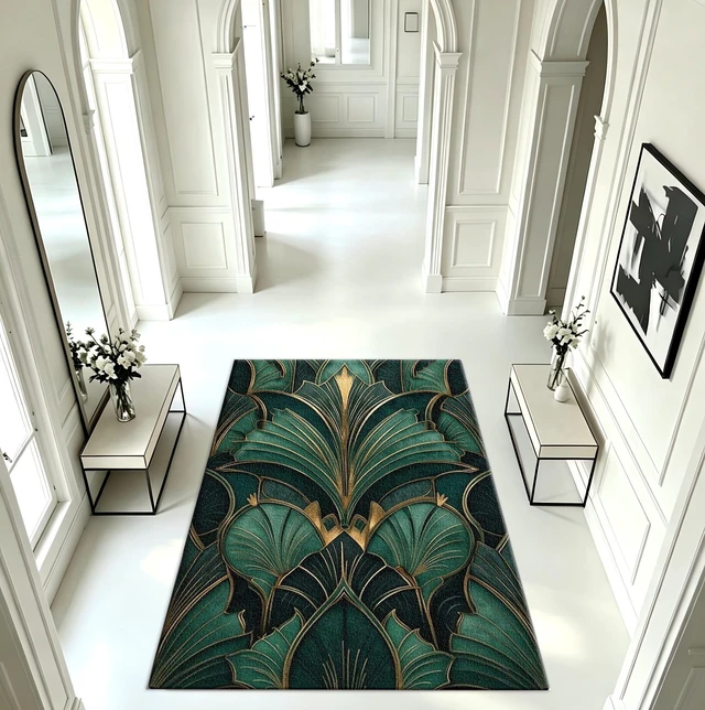 Main image of Art Deco Green Leaf Print Washable Rectangle Area Rug, Decorative Indoor Floor Carpet for Living Room Bedroom Dining Room, Multiple Sizes 6x10,6x8,5x7,4x6,3x5