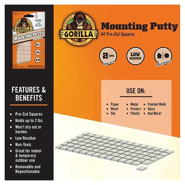 Alt view image 5 of 7 - Mounting Putty, Natural Tan Color, 84 Pre-Cut Squares (Pack of 8) - Non-Toxic Removable & Repositionable Wall Putty