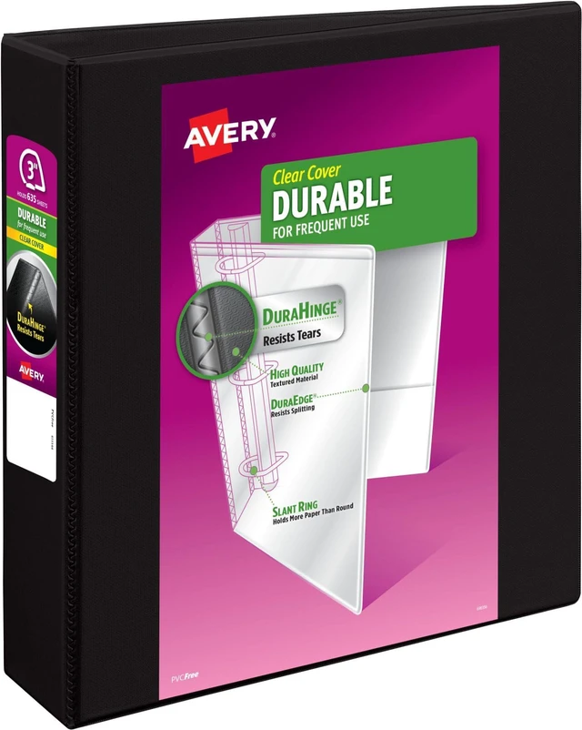 Main image of Durable View 3 Ring Binder,3 Inch Slant Rings,635 Sheet Capacity,Black,Holds 8.5 x 11 Paper,3.5" Wide Spine,DuraHinge for Organizing Reports & Projects (17041),(Pack of 6)