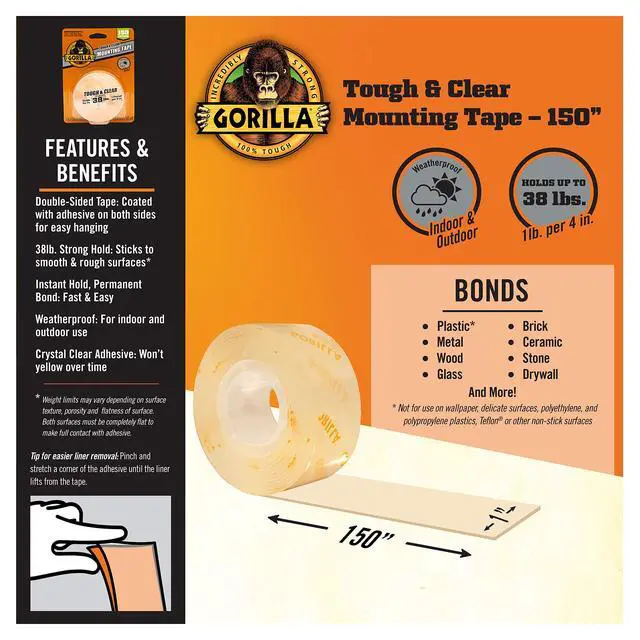 Alt view image 3 of 6 - Tough & Clear Double Sided Mounting Tape, Clear Tape, 1" x 150" - Weatherproof for Indoor or Outdoor (Pack of 6)