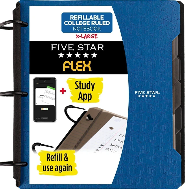 Main image of Flex Refillable Notebook + Study App, College Ruled Paper and 1-1/2 Inch TechLock Ring Binder with Pockets, Tabs and Dividers, 300 Sheet Capacity, Pacific Blue (29324AD2) (Pack of 6)