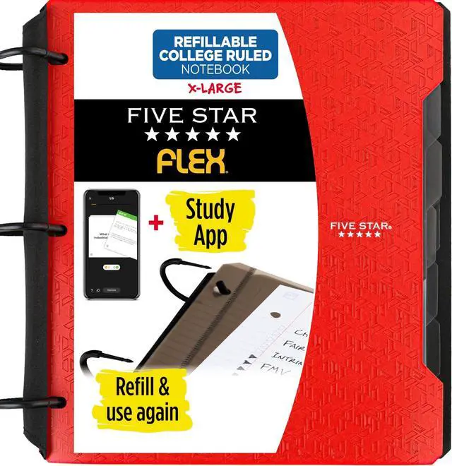 Main image of Flex Refillable Notebook + Study App, College Ruled Paper and 1-1/2 Inch TechLock Ring Binder with Pockets, Tabs and Dividers, 300 Sheet Capacity, Fire Red (29324AB2) (Pack of 6)