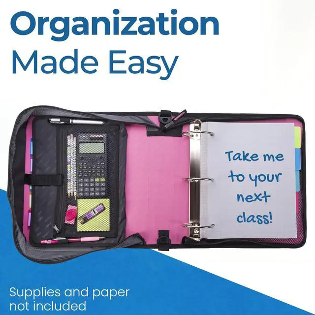 Alt view image 6 of 7 - it School Zipper Binder | 3" O-Rings | 600-Sheet | D-146 Light Pink Mighty Zip Tab, 5-Color Tab Expanding File Folder, Shoulder Strap, Handle, Office