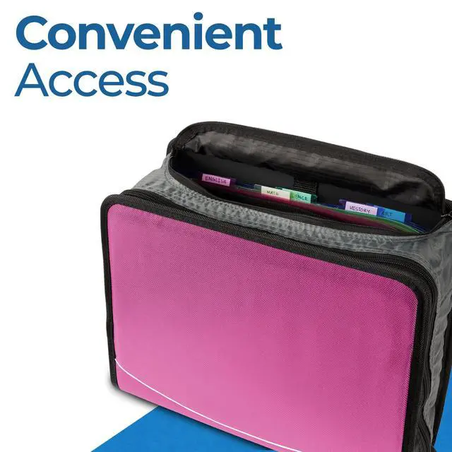 Alt view image 5 of 7 - it School Zipper Binder | 3" O-Rings | 600-Sheet | D-146 Light Pink Mighty Zip Tab, 5-Color Tab Expanding File Folder, Shoulder Strap, Handle, Office