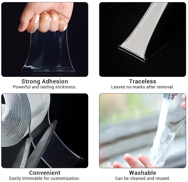 Alt view image 7 of 7 - Double Sided Tape, Nano Tape, Transparent Adhesive Tape, Traceless Adhesive Tape, Removable, Washable, Reusable, Suitable for Carpets, Photo Walls, 3m Per Roll, 60 Rolls