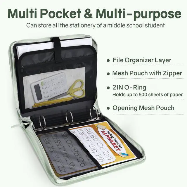 Alt view image 3 of 7 - Zippered Binder Bag with Handle, 2-Inch 3-Ring O-Ring, 500-Sheet Capacity, Includes Zip Pocket, 5-Tab Expanding File Folder, Multi-Pocket Organizer Binder for Middle School, Sage Green