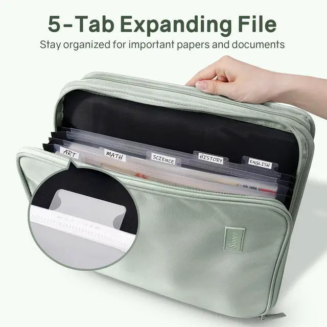 Alt view image 2 of 7 - Zippered Binder Bag with Handle, 2-Inch 3-Ring O-Ring, 500-Sheet Capacity, Includes Zip Pocket, 5-Tab Expanding File Folder, Multi-Pocket Organizer Binder for Middle School, Sage Green