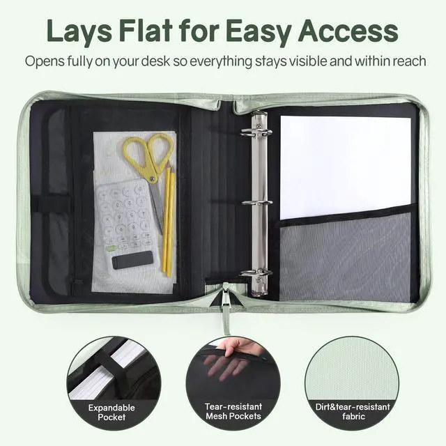 Alt view image 4 of 7 - Zippered Binder Bag with Handle, 2-Inch 3-Ring O-Ring, 500-Sheet Capacity, Includes Zip Pocket, 5-Tab Expanding File Folder, Multi-Pocket Organizer Binder for Middle School, Sage Green
