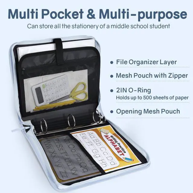Alt view image 3 of 7 - Zippered Binder Bag with Handle, 2-Inch 3-Ring O-Ring, 500-Sheet Capacity, Includes Zip Pocket, 5-Tab Expanding File Folder, Multi-Pocket Organizer Binder for Middle School, Dusk Blue