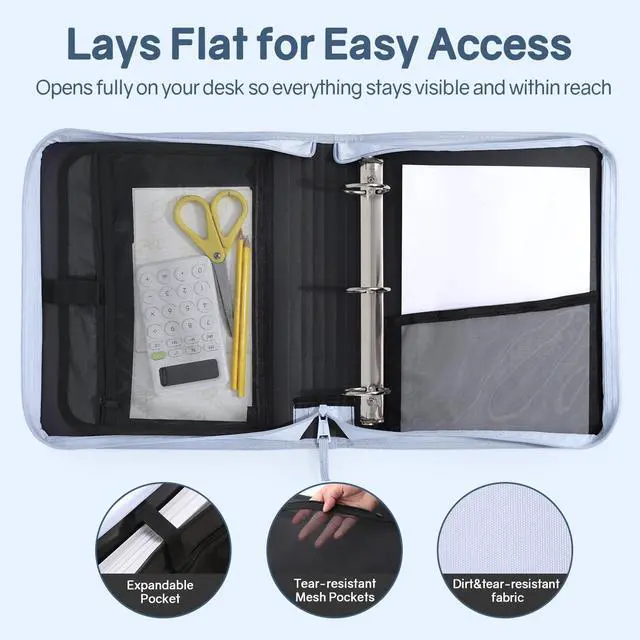 Alt view image 4 of 7 - Zippered Binder Bag with Handle, 2-Inch 3-Ring O-Ring, 500-Sheet Capacity, Includes Zip Pocket, 5-Tab Expanding File Folder, Multi-Pocket Organizer Binder for Middle School, Dusk Blue