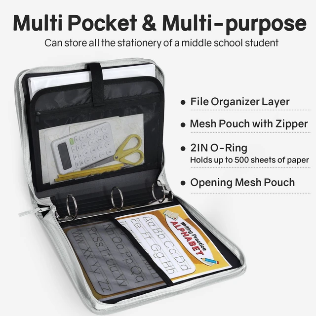 Alt view image 3 of 7 - Zippered Binder Bag with Handle, 2-Inch 3-Ring O-Ring, 500-Sheet Capacity, Includes Zip Pocket, 5-Tab Expanding File Folder, Multi-Pocket Organizer Binder for Middle School, Light Grey