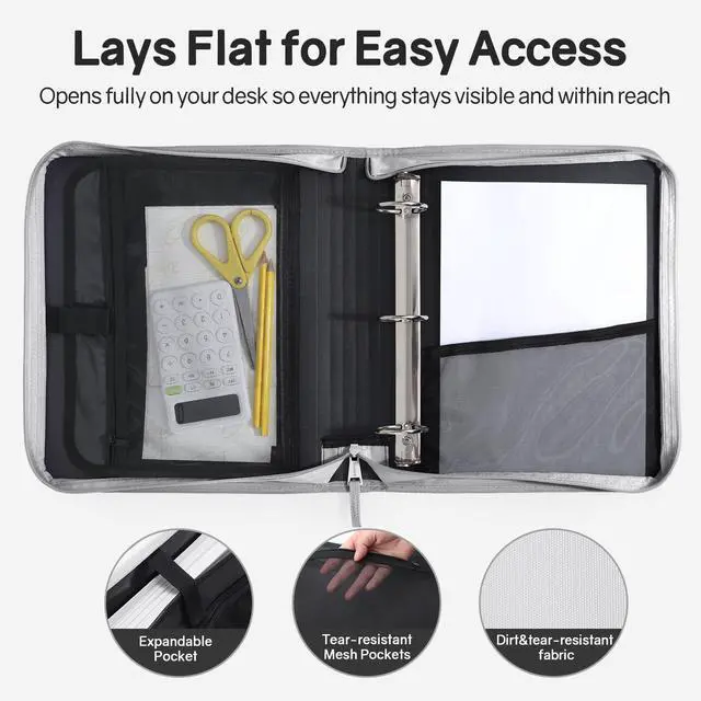 Alt view image 4 of 7 - Zippered Binder Bag with Handle, 2-Inch 3-Ring O-Ring, 500-Sheet Capacity, Includes Zip Pocket, 5-Tab Expanding File Folder, Multi-Pocket Organizer Binder for Middle School, Light Grey