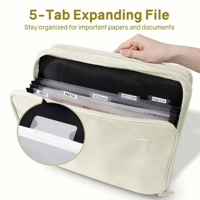 Alt view image 2 of 7 - Zippered Binder Bag with Handle, 2-Inch 3-Ring O-Ring, 500-Sheet Capacity, Includes Zip Pocket, 5-Tab Expanding File Folder, Multi-Pocket Organizer Binder for Middle School, Soft Beige