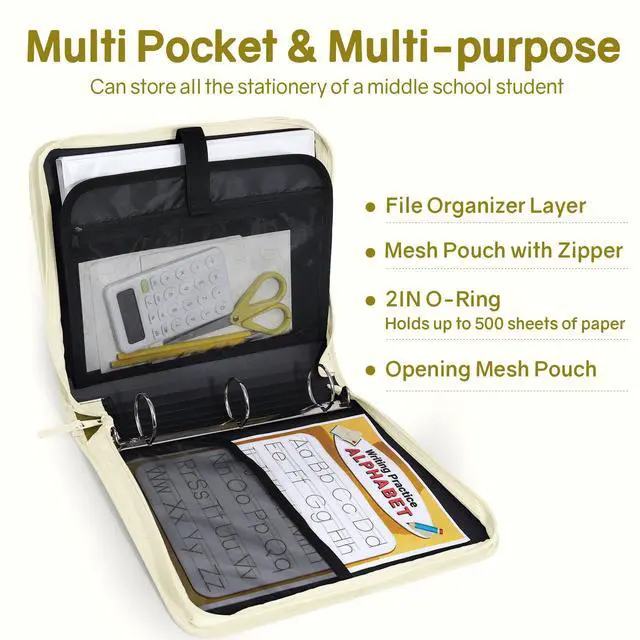 Alt view image 3 of 7 - Zippered Binder Bag with Handle, 2-Inch 3-Ring O-Ring, 500-Sheet Capacity, Includes Zip Pocket, 5-Tab Expanding File Folder, Multi-Pocket Organizer Binder for Middle School, Soft Beige