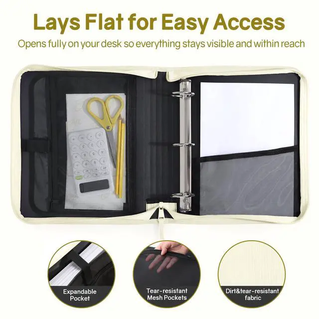 Alt view image 4 of 7 - Zippered Binder Bag with Handle, 2-Inch 3-Ring O-Ring, 500-Sheet Capacity, Includes Zip Pocket, 5-Tab Expanding File Folder, Multi-Pocket Organizer Binder for Middle School, Soft Beige