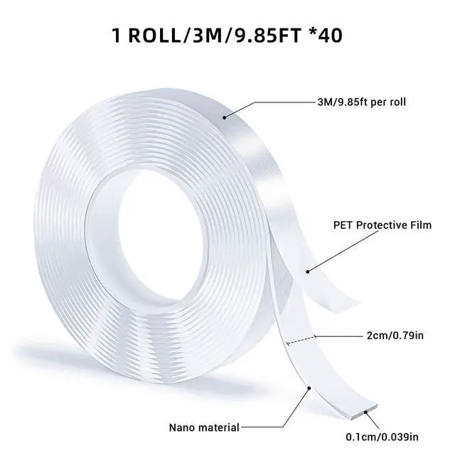Alt view image 2 of 7 - Double Sided Tape, Nano Tape, Transparent Adhesive Tape, Traceless Adhesive Tape, Removable, Washable, Reusable, Suitable for Carpets, Photo Walls, 3m Per Roll, 40 Rolls