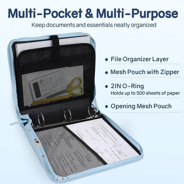 Alt view image 3 of 7 - Zippered Binder Bag with Handle, 2-Inch 3-Ring O-Ring, 500-Sheet Capacity, Includes Zip Pocket, 5-Tab Expanding File Folder, Multi-Pocket Organizer Binder for Middle School, Blue Dog