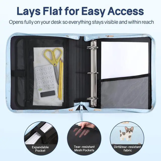 Alt view image 4 of 7 - Zippered Binder Bag with Handle, 2-Inch 3-Ring O-Ring, 500-Sheet Capacity, Includes Zip Pocket, 5-Tab Expanding File Folder, Multi-Pocket Organizer Binder for Middle School, Blue Dog