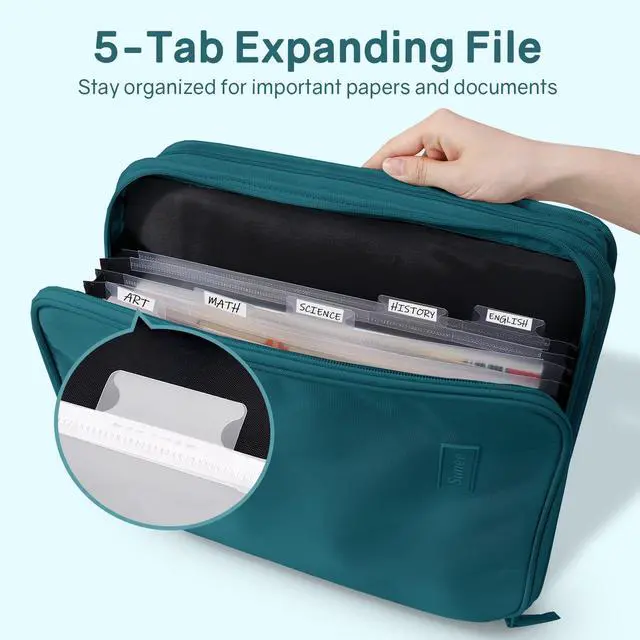 Alt view image 2 of 7 - Zippered Binder Bag with Handle, 2-Inch 3-Ring O-Ring, 500-Sheet Capacity, Includes Zip Pocket, 5-Tab Expanding File Folder, Multi-Pocket Organizer Binder for Middle School, Dark Teal-Green